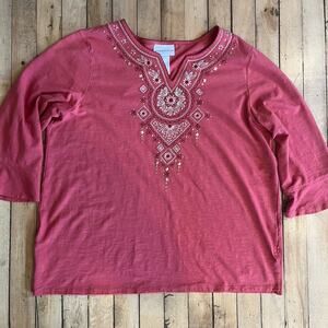 Alfred Dunner Embroidered Top L Pink Boho Studded Shirt